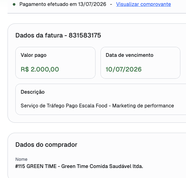Comprovante de pagamento de cliente