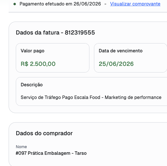 Comprovante de pagamento de cliente