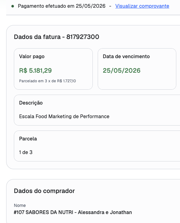 Comprovante de pagamento de cliente